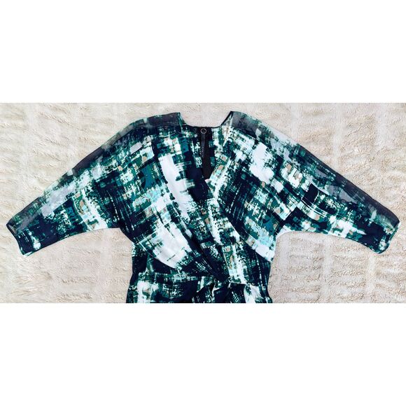 POLECI 100% Silk Abstract Print Surplice Faux Wrap Knee Length Dress, Fits 6/8 - Picture 12 of 12